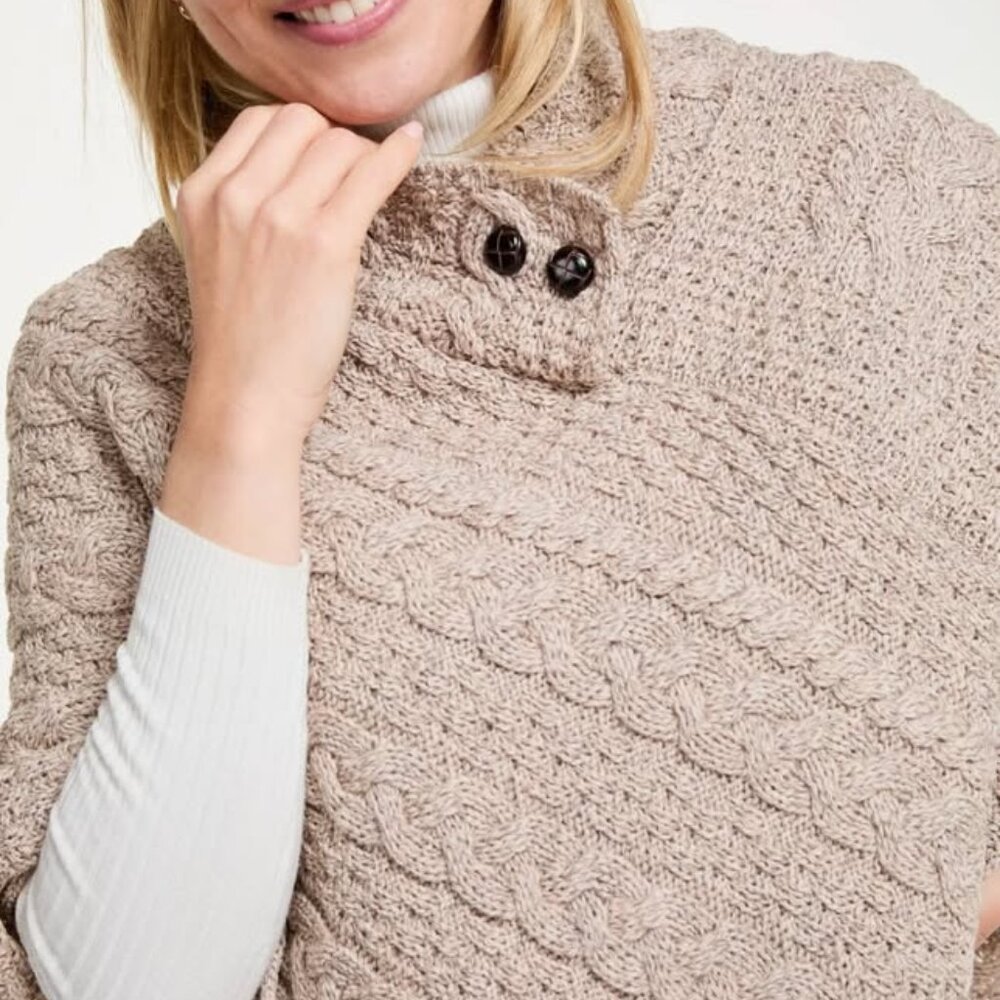 Classic Aran Button Poncho, Oat, Like New
